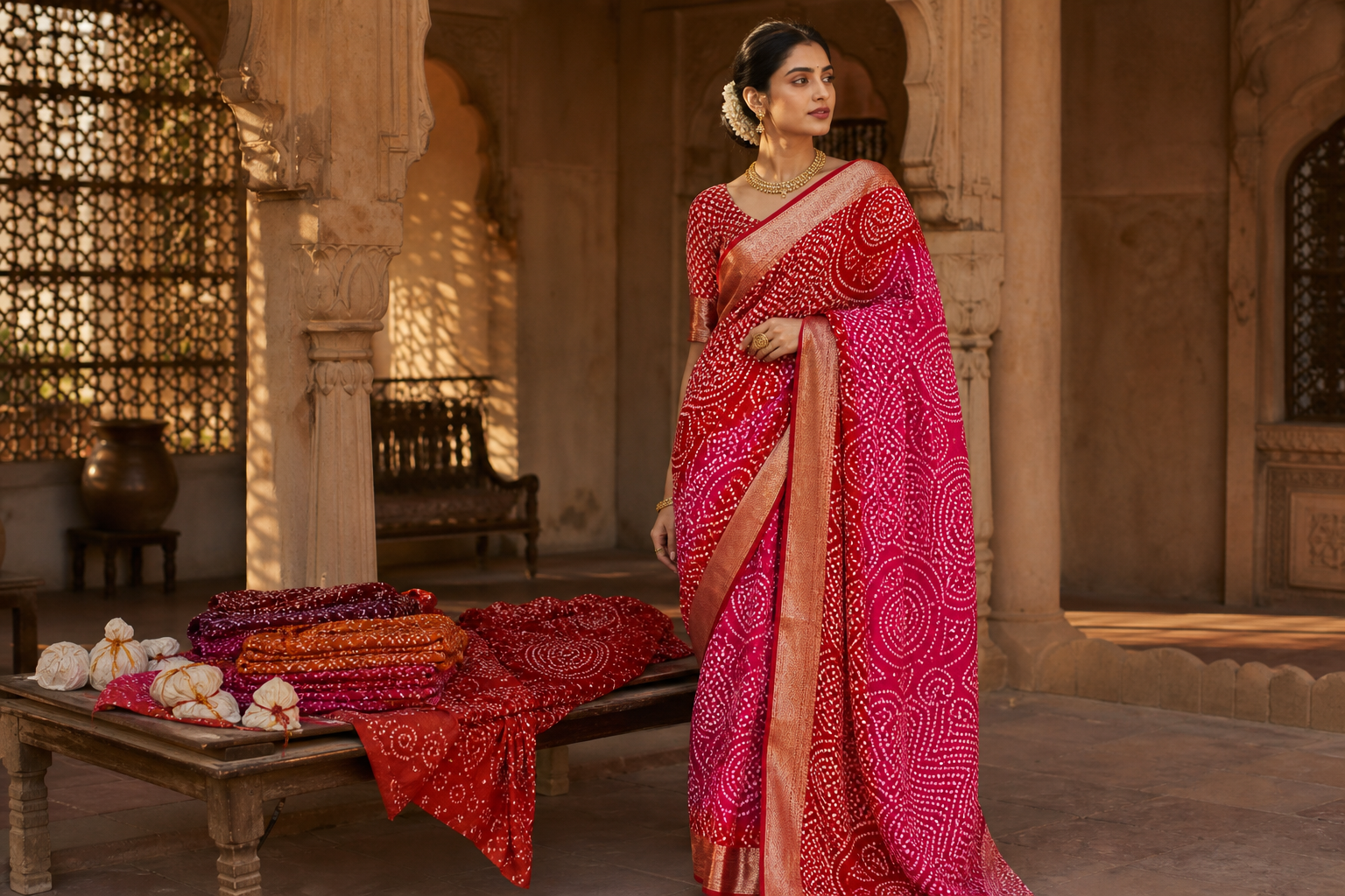 Woman wearing a red and pink Bandhani saree in a Gujarati heritage courtyard