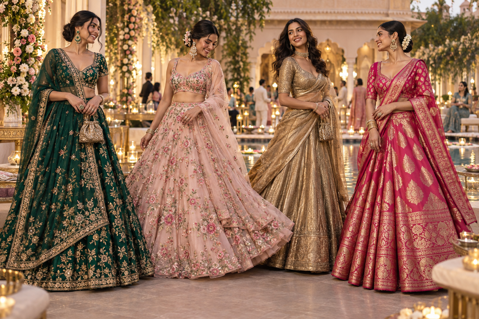 Four celebration lehengas in emerald blush antique gold and rani pink