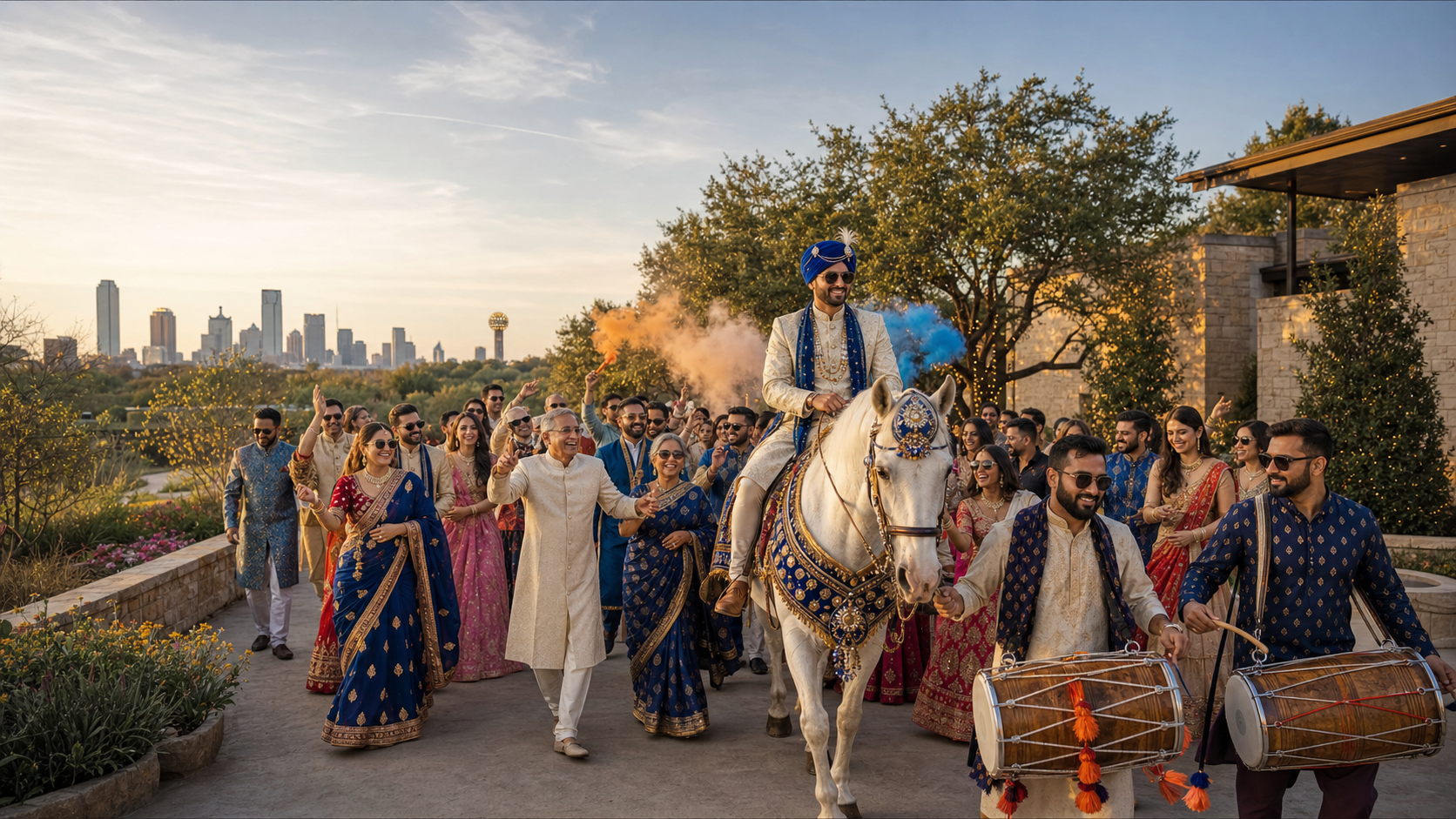 Indian baraat arriving at a luxury Dallas–Fort Worth wedding venue