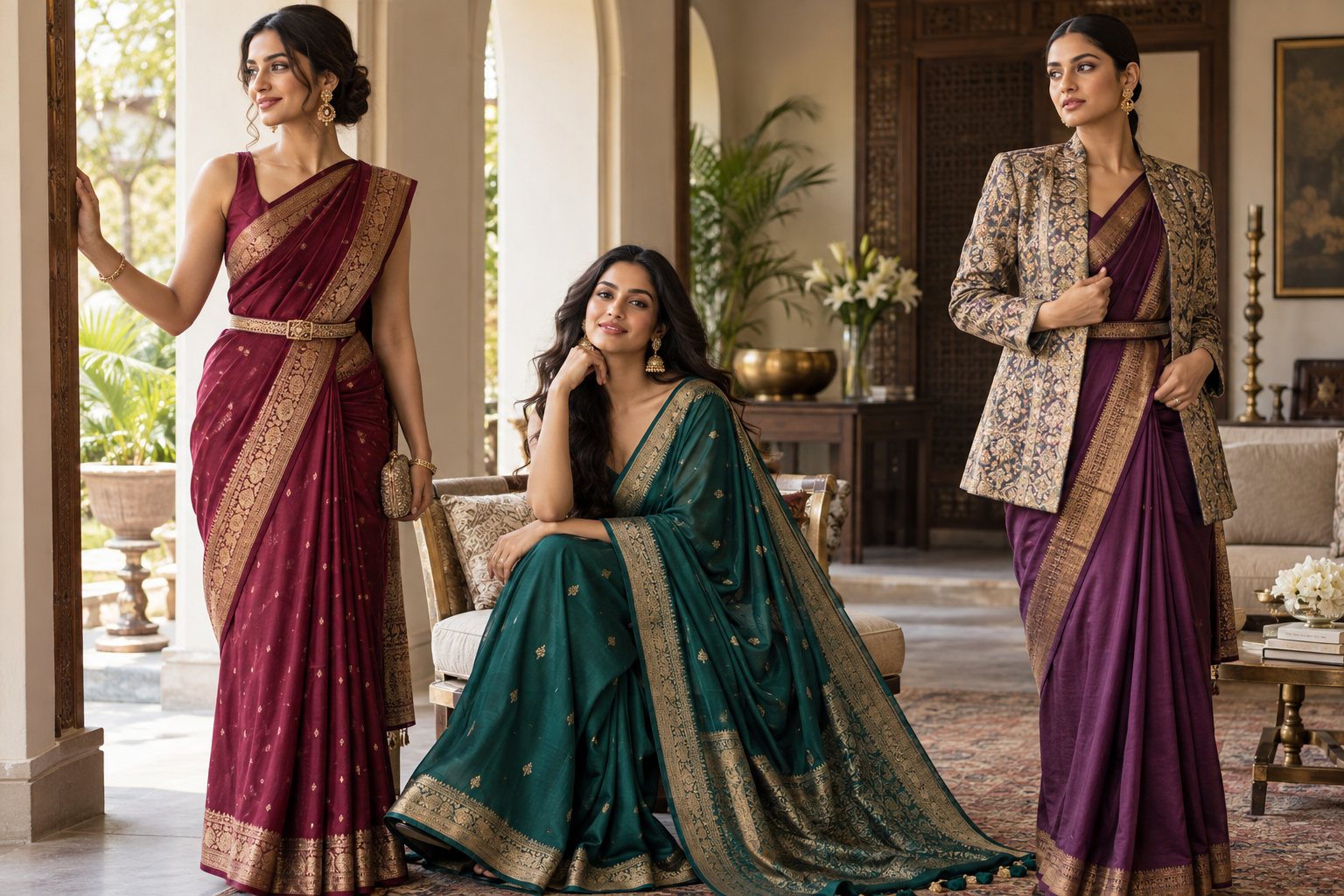 Three easy saree styling ideas with belted open pallu and jacket layered drapes