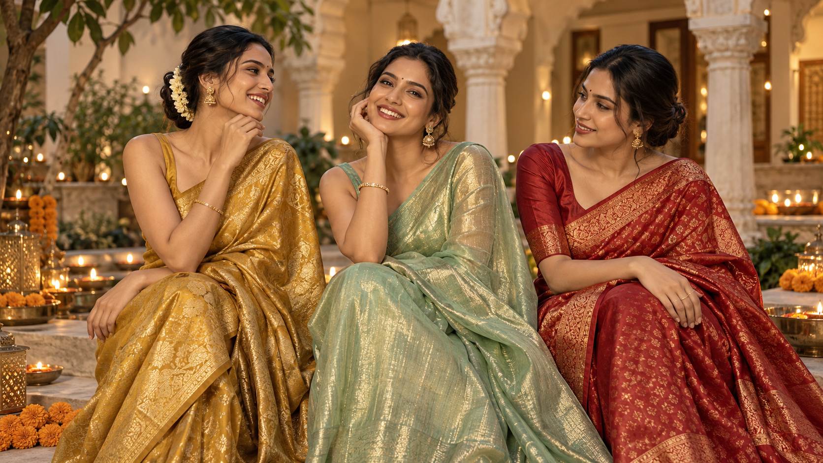 Festive saree editorial with gold, mint green and crimson drapes in a diya-lit courtyard