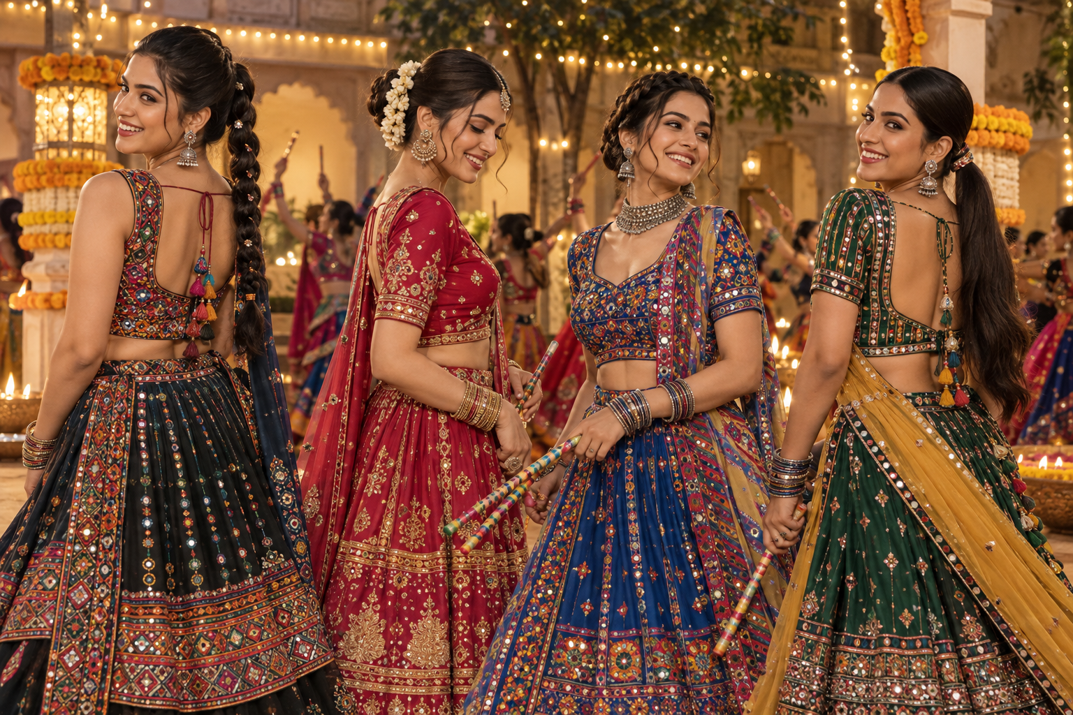 Four women in Navratri lehengas with secure dance friendly hairstyles