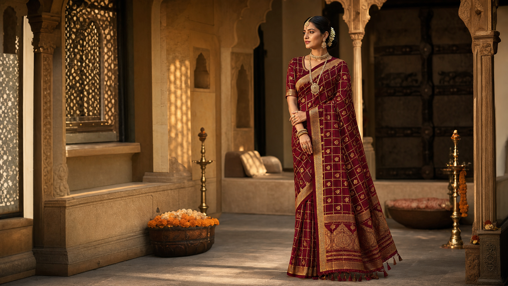 Woman wearing a maroon traditional Gharchola saree in a Gujarati haveli