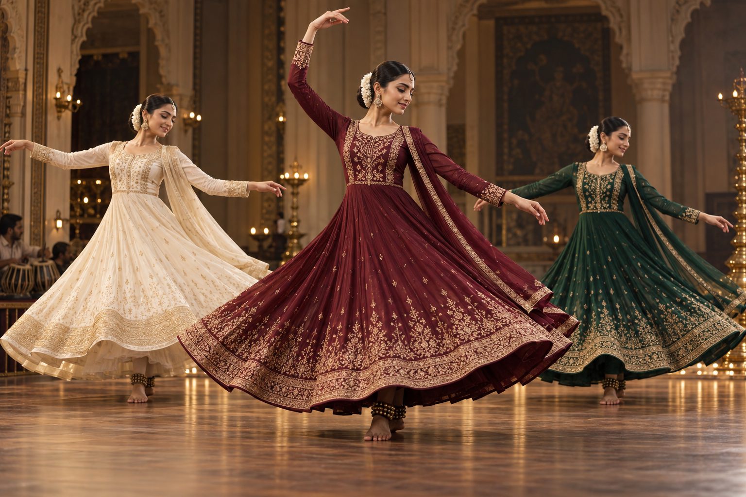 Three women in ivory wine and emerald Anarkali suits inspired by Kathak movement