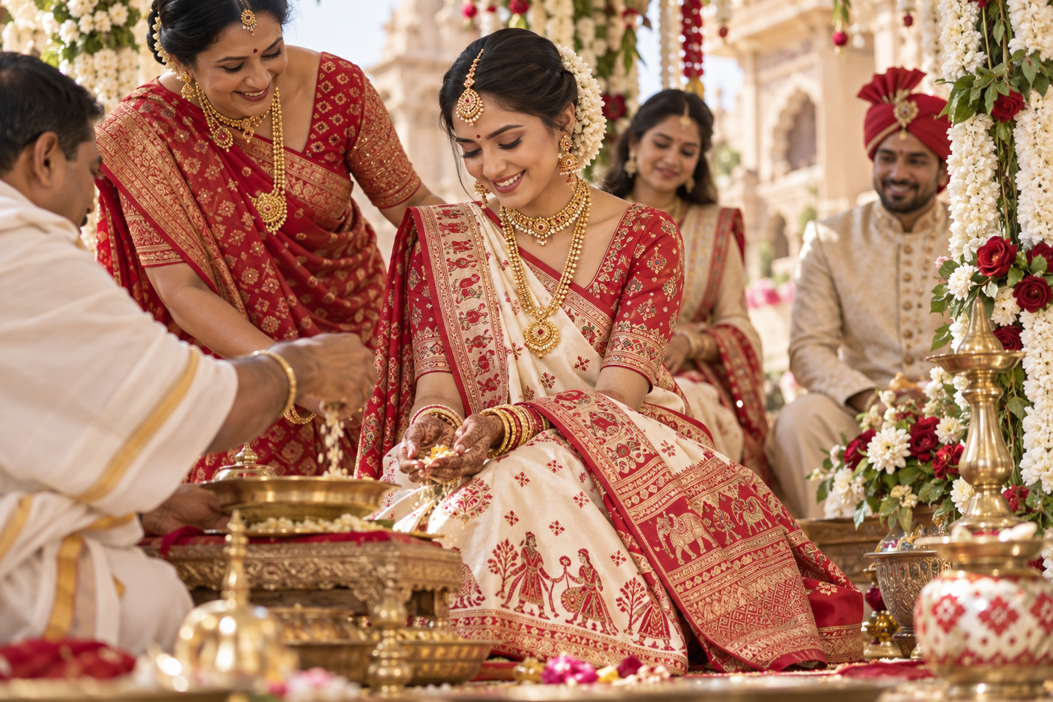 Gujarati bride in red and ivory wedding attire during a mandap ritual