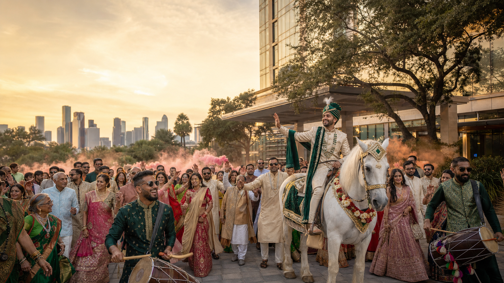 Indian baraat arriving at a luxury Houston wedding venue at golden hour