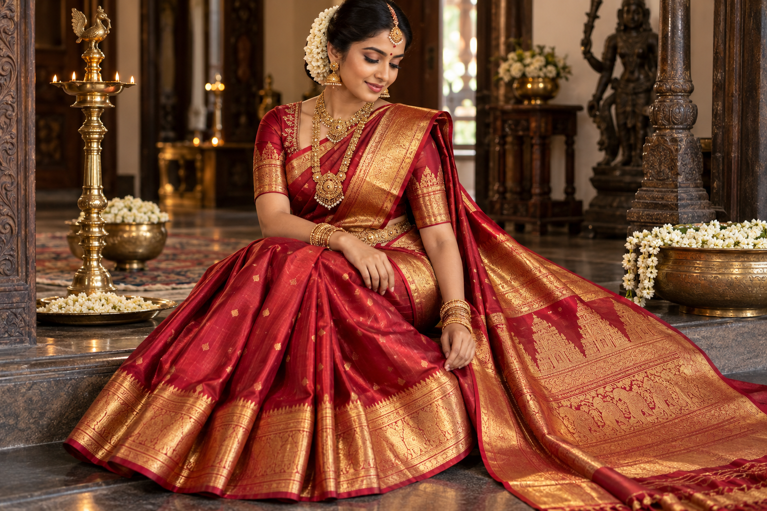 South Indian bride wearing a ruby and gold Kanjeevaram silk saree