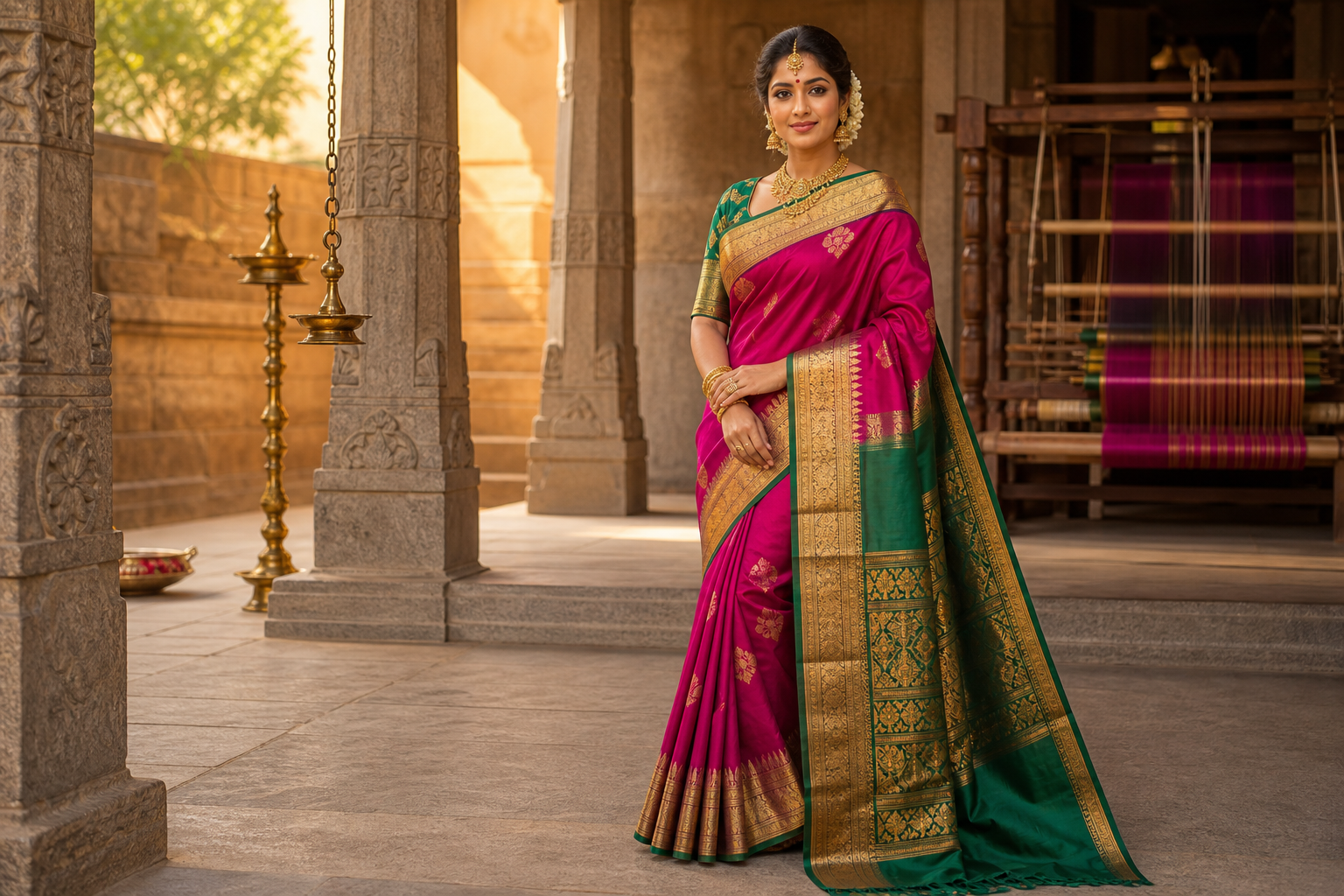 Woman wearing a magenta and green Kanjivaram silk saree in a Tamil heritage courtyard