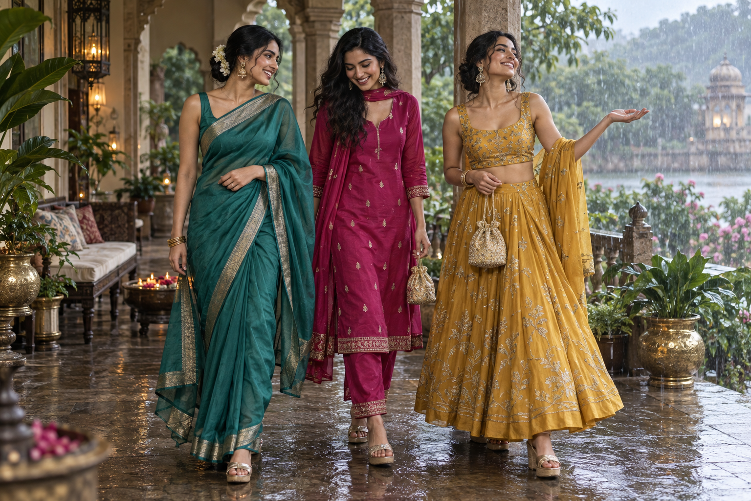 Women wearing a lightweight saree suit and lehenga during the monsoon