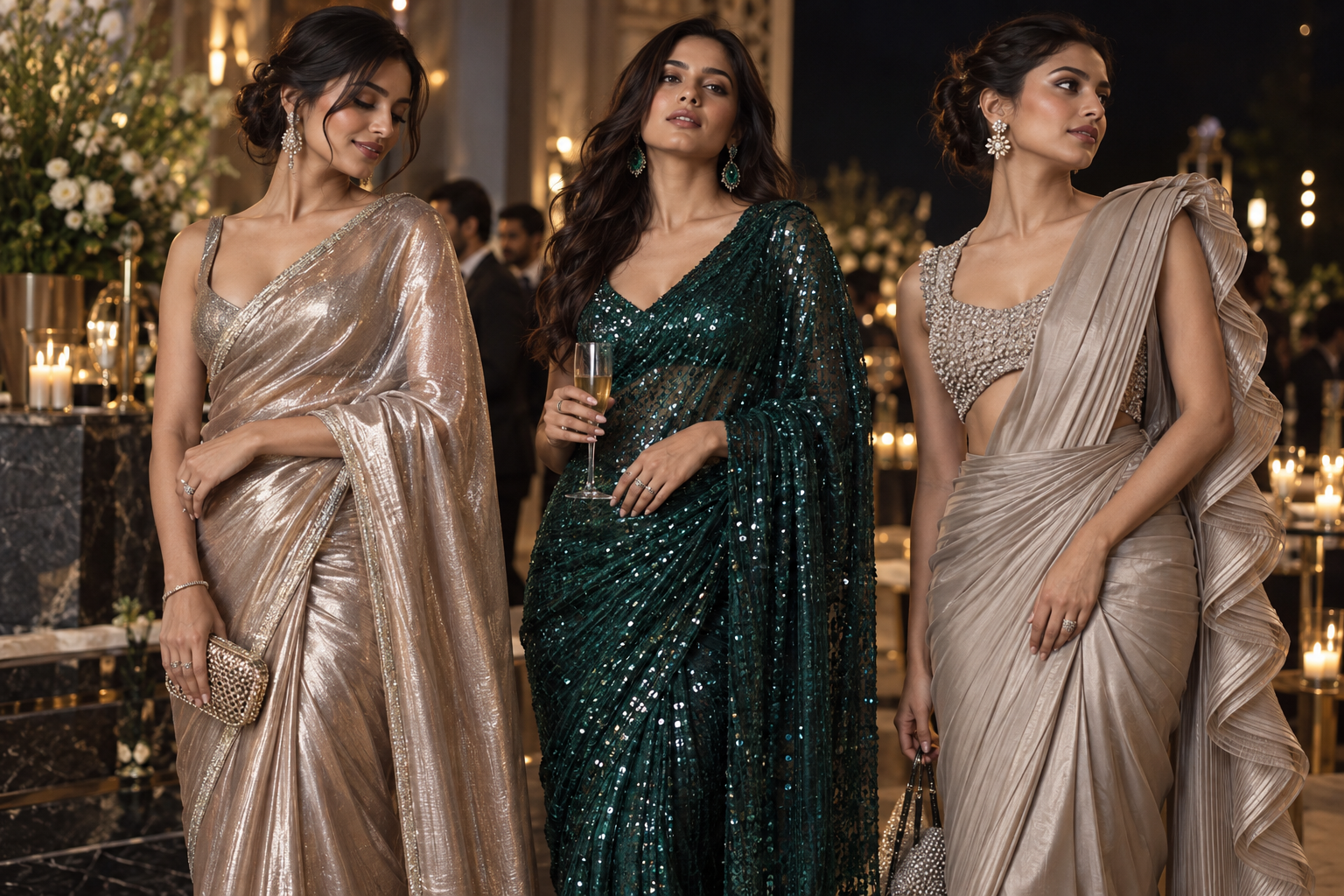 Metallic sequin and pre stitched party wear sarees at an elegant evening celebration