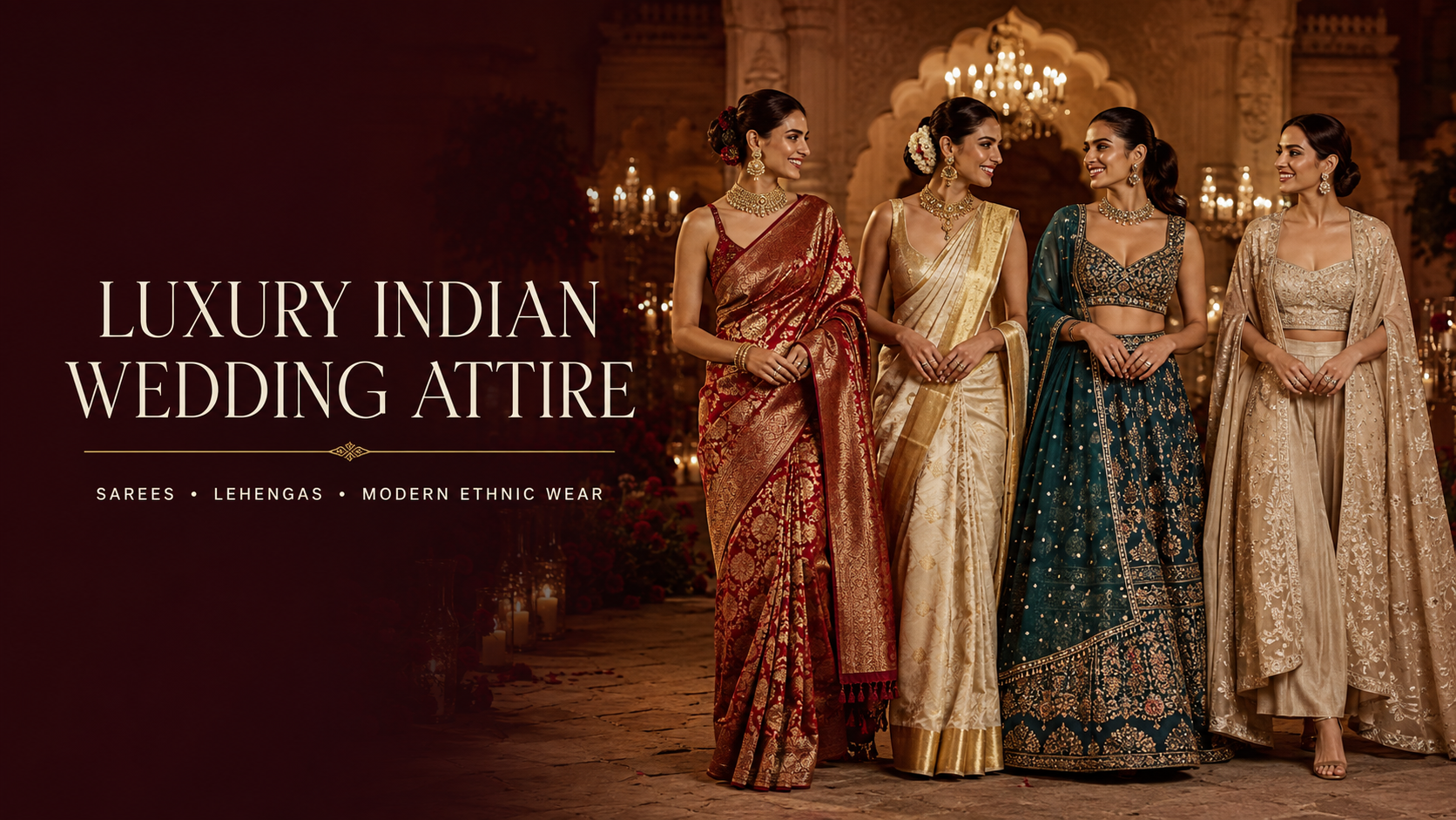 Luxury Indian wedding attire including sarees, lehengas and modern ethnic wear