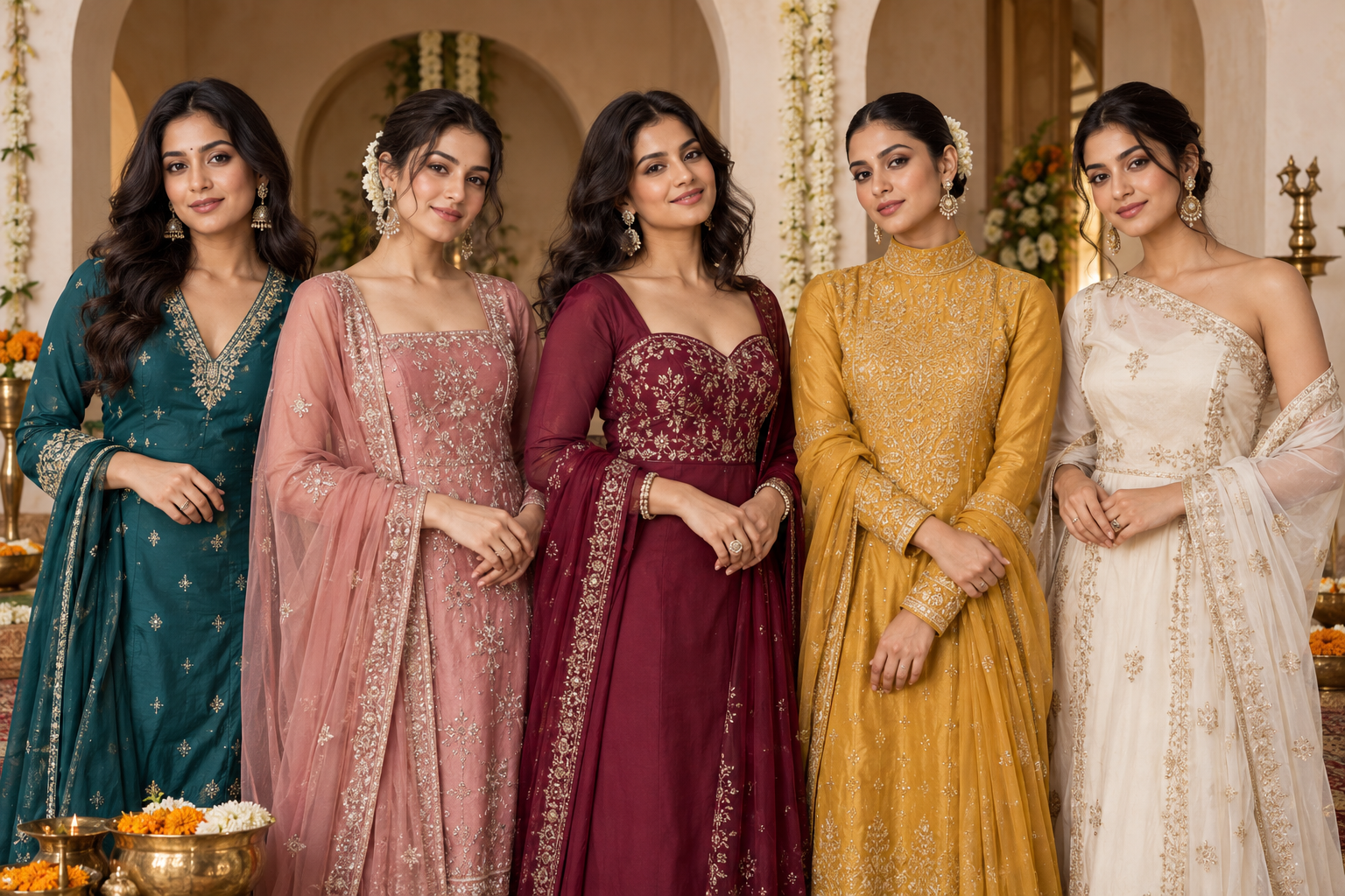Five Indian suit neck designs including V neck square neck sweetheart high neck and asymmetric neck