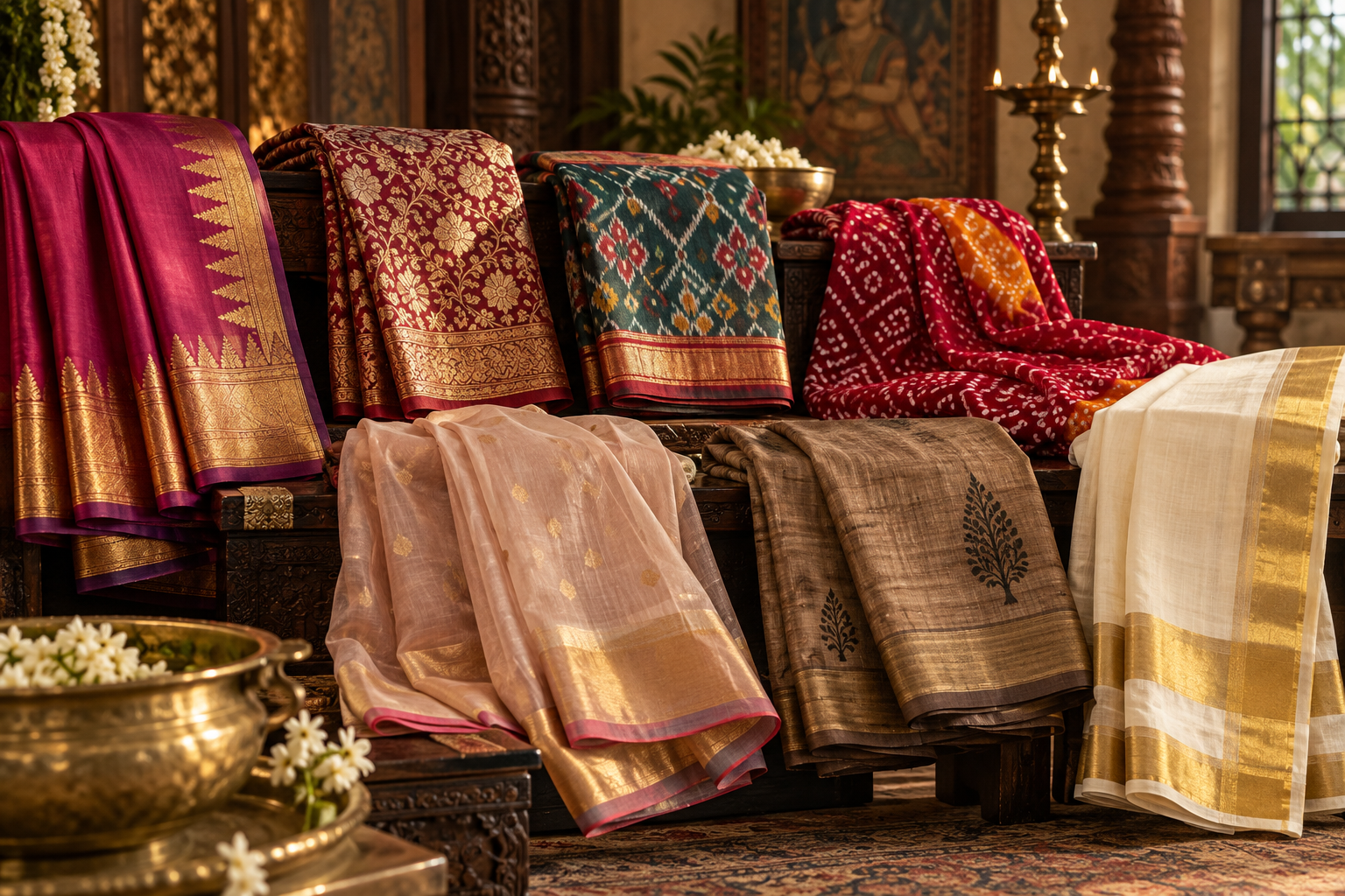 Seven traditional Indian saree weaves displayed in an elegant textile gallery
