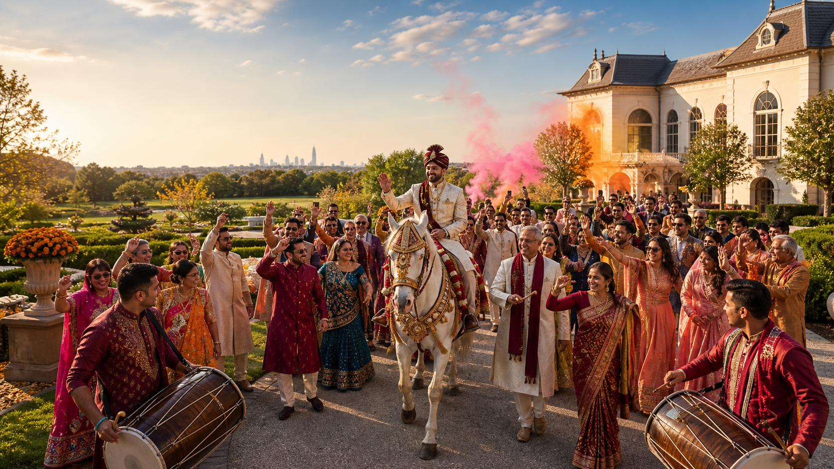 Indian baraat arriving at an elegant New Jersey wedding estate