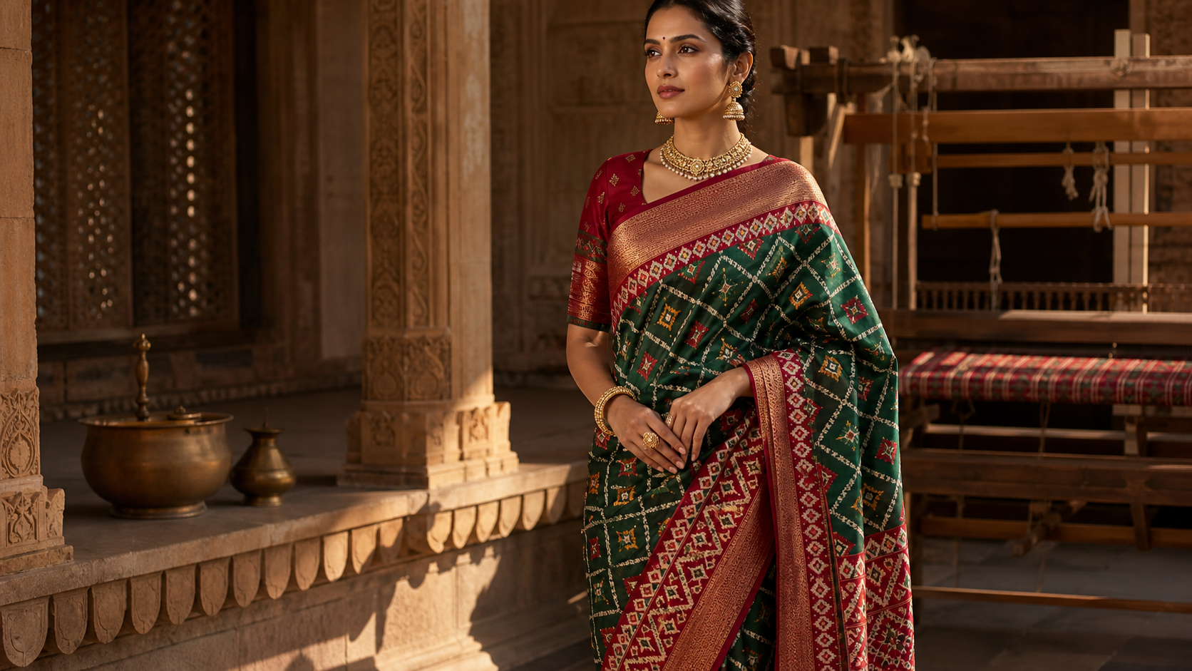 Woman wearing a green and red Patola-style saree beside a traditional handloom