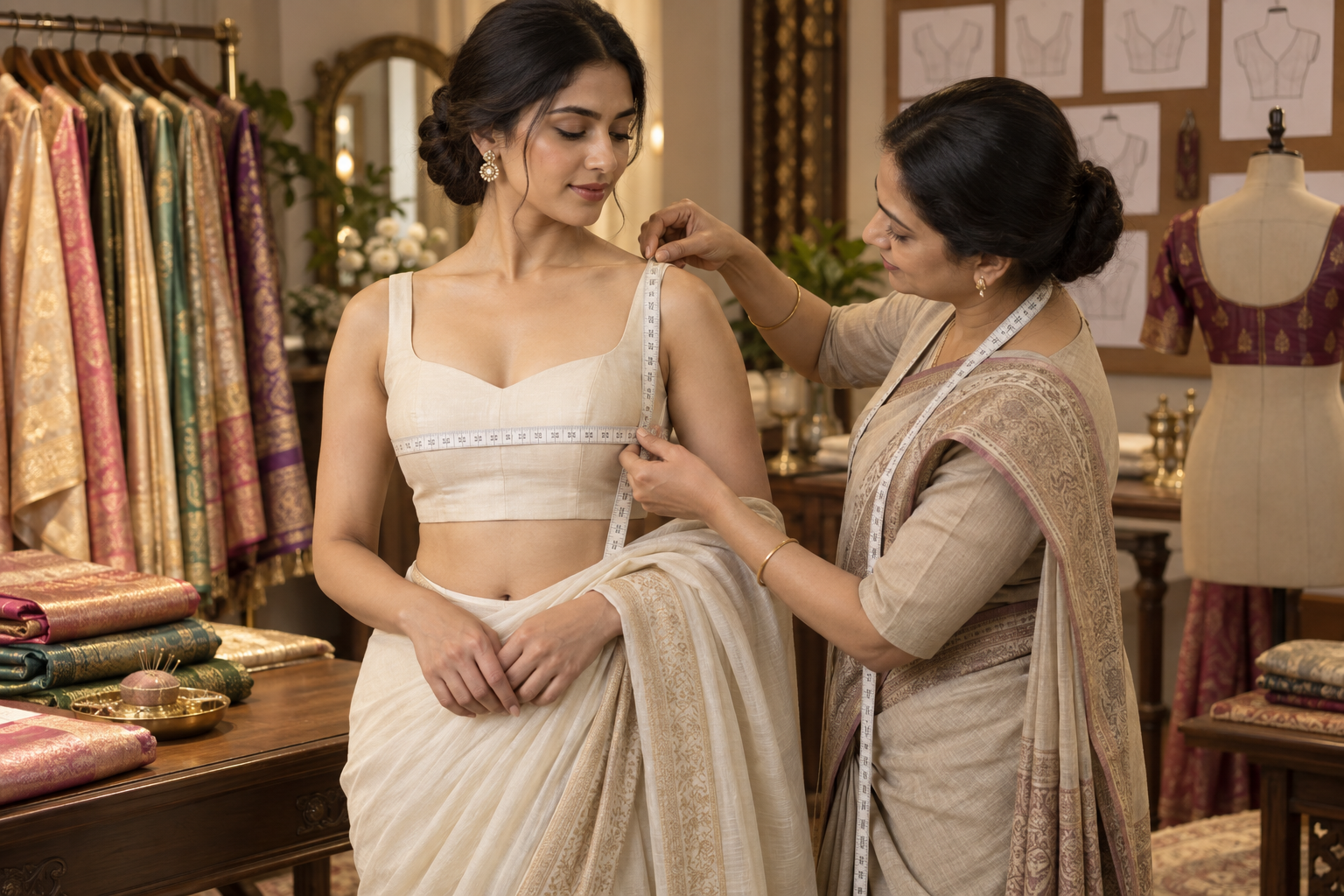 Professional tailor taking saree blouse shoulder and bust measurements