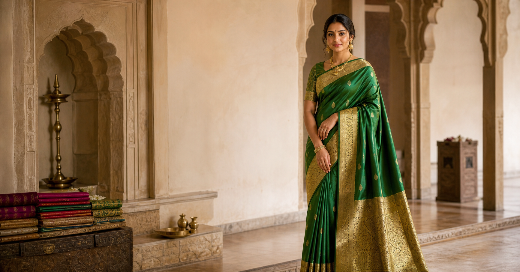 Woman wearing an emerald green silk saree in a heritage palace interior