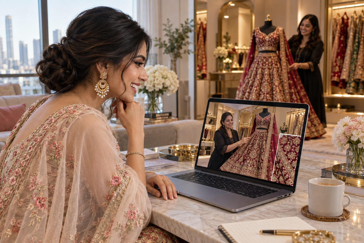 USA based Indian bride viewing an embroidered wedding lehenga through video consultation
