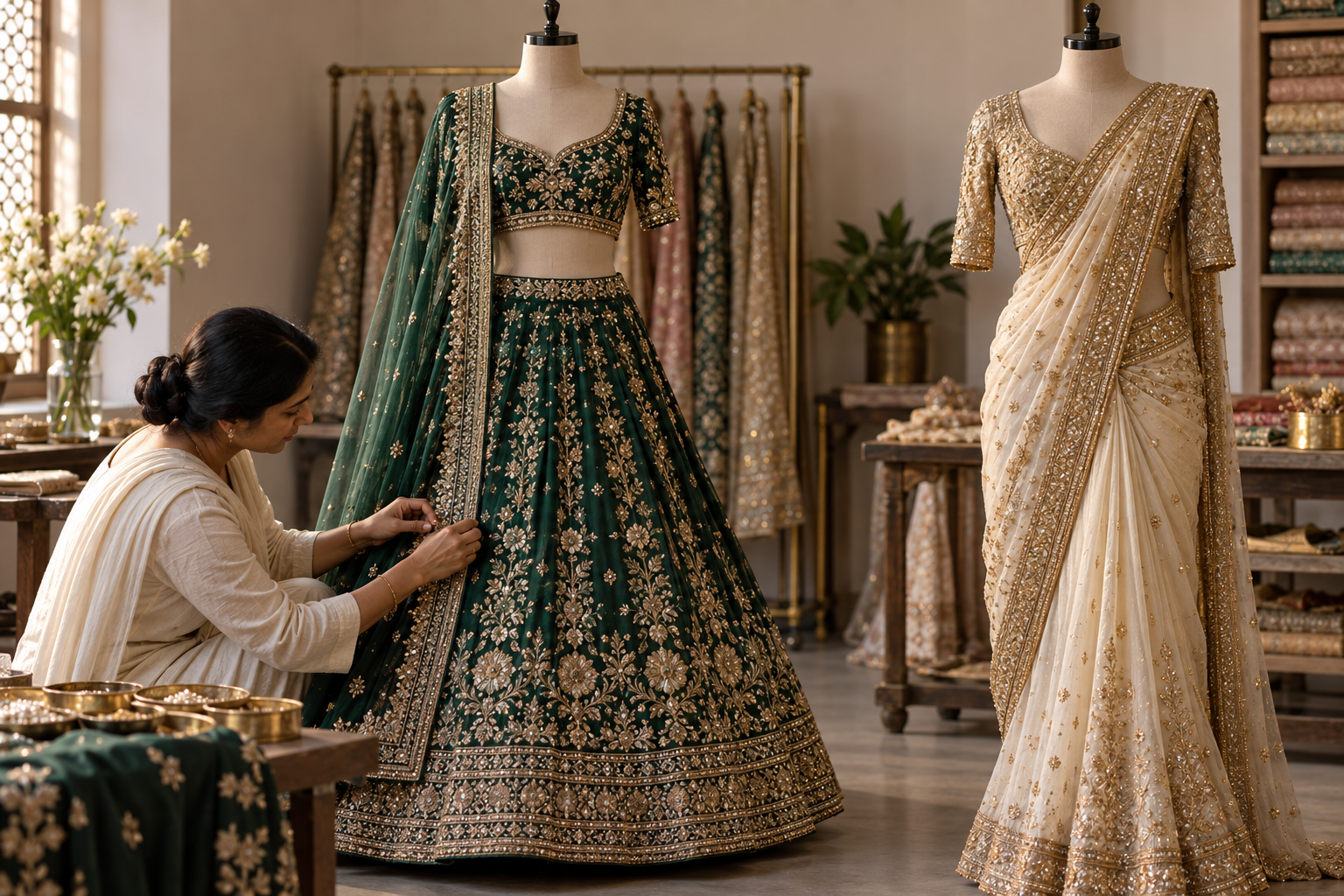 Indian artisan inspecting embroidery on an emerald lehenga beside an ivory saree
