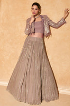 Rose Golden Georgette Sequin Embroidered Crop Top Jacket with Skirt - red georgette saree embroidered