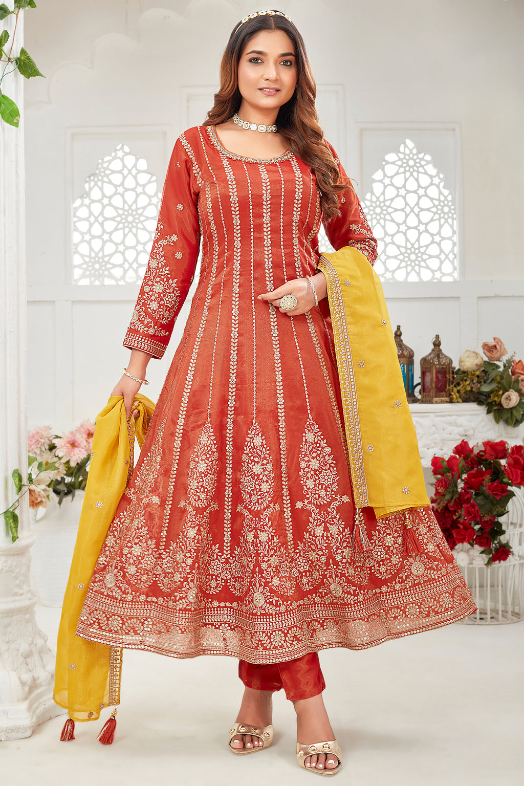 Rust Orange Organza Tissue Silk Sequin Embroidery Worked Anarkali Suit - orange silk saree embroidery