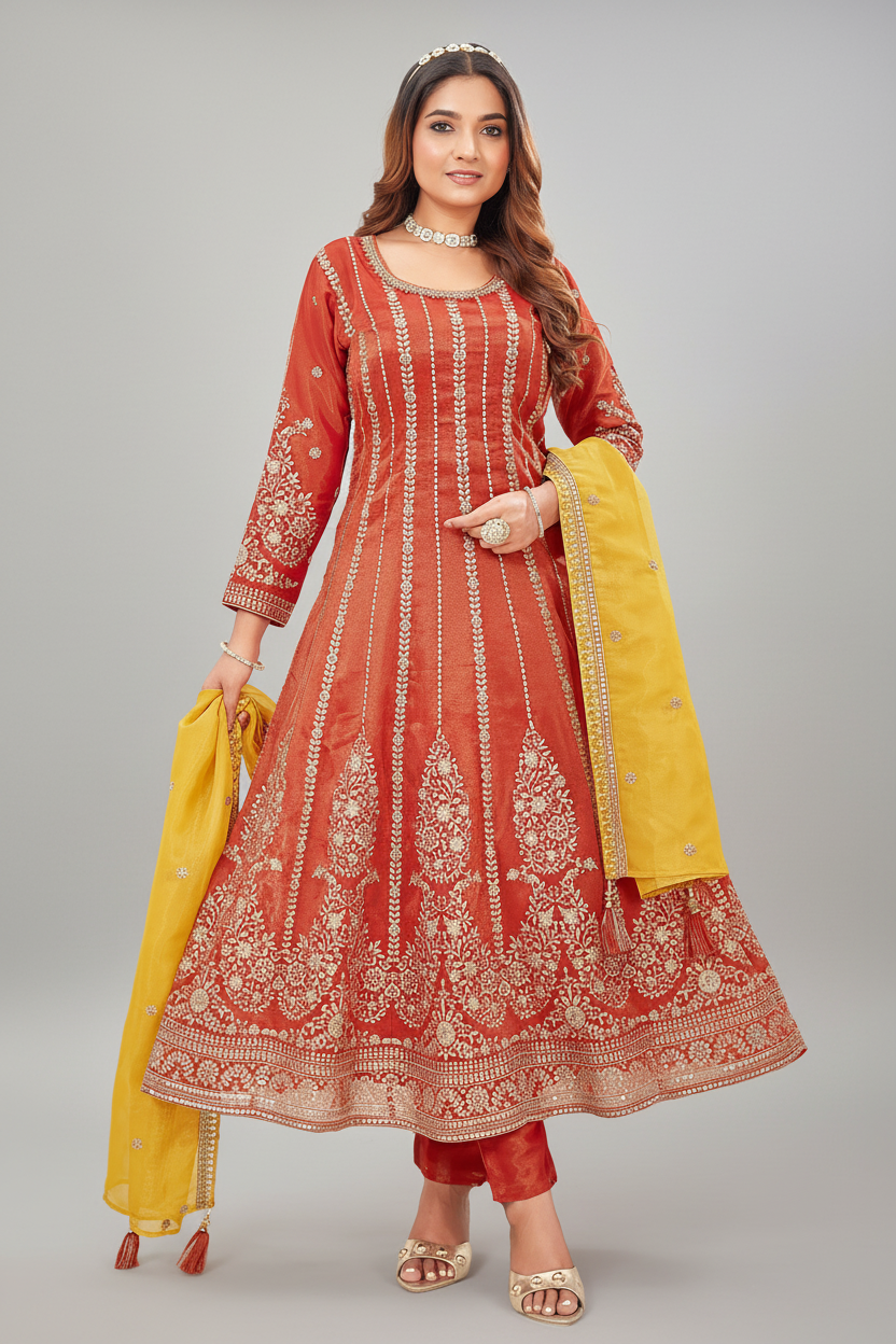 Rust Orange Organza Tissue Silk Sequin Embroidery Worked Anarkali Suit - orange silk saree embroidery