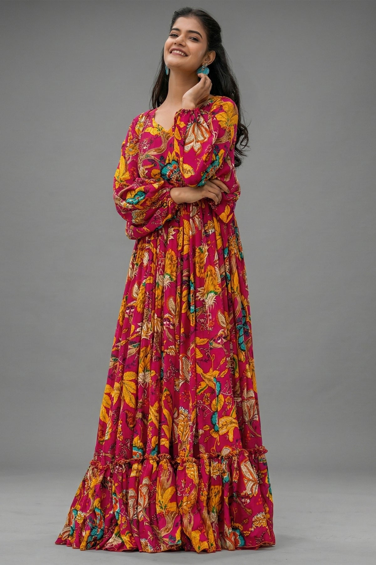 Magenta Pink Chinon Floral Printed Kurti