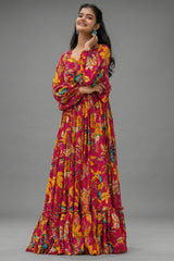 Magenta Pink Chinon Floral Printed Kurti