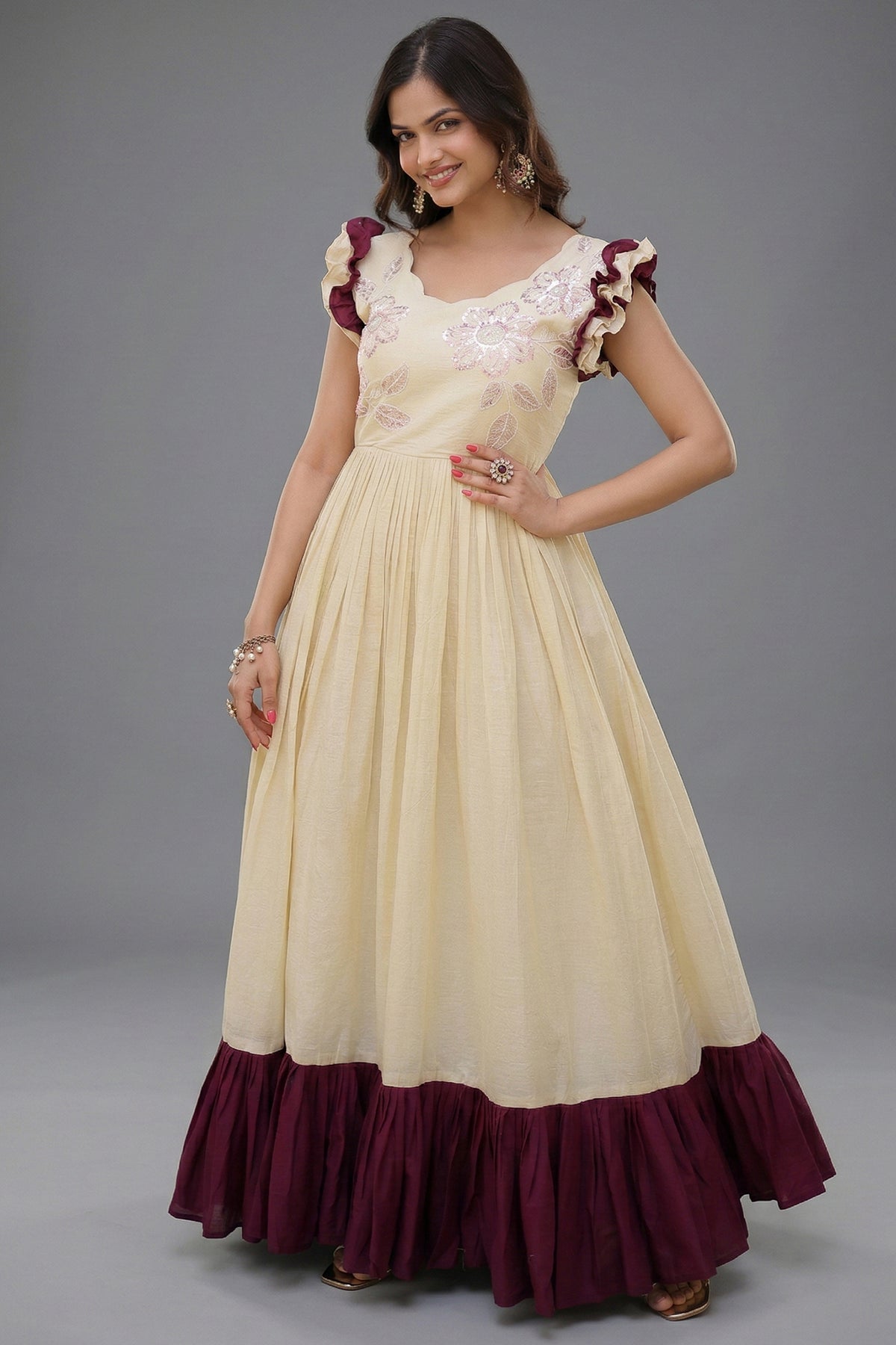 Cream and Wine Embellished Dress