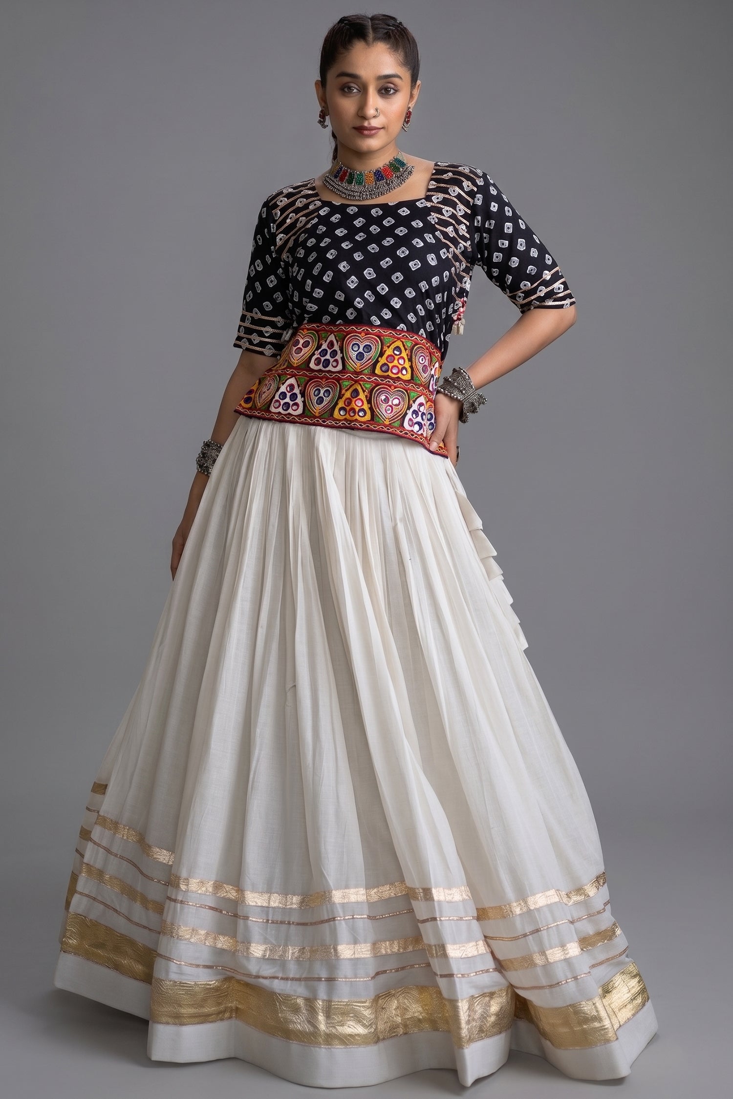 White Cotton Chaniya with Bandhej and Kachchi Worked Choli