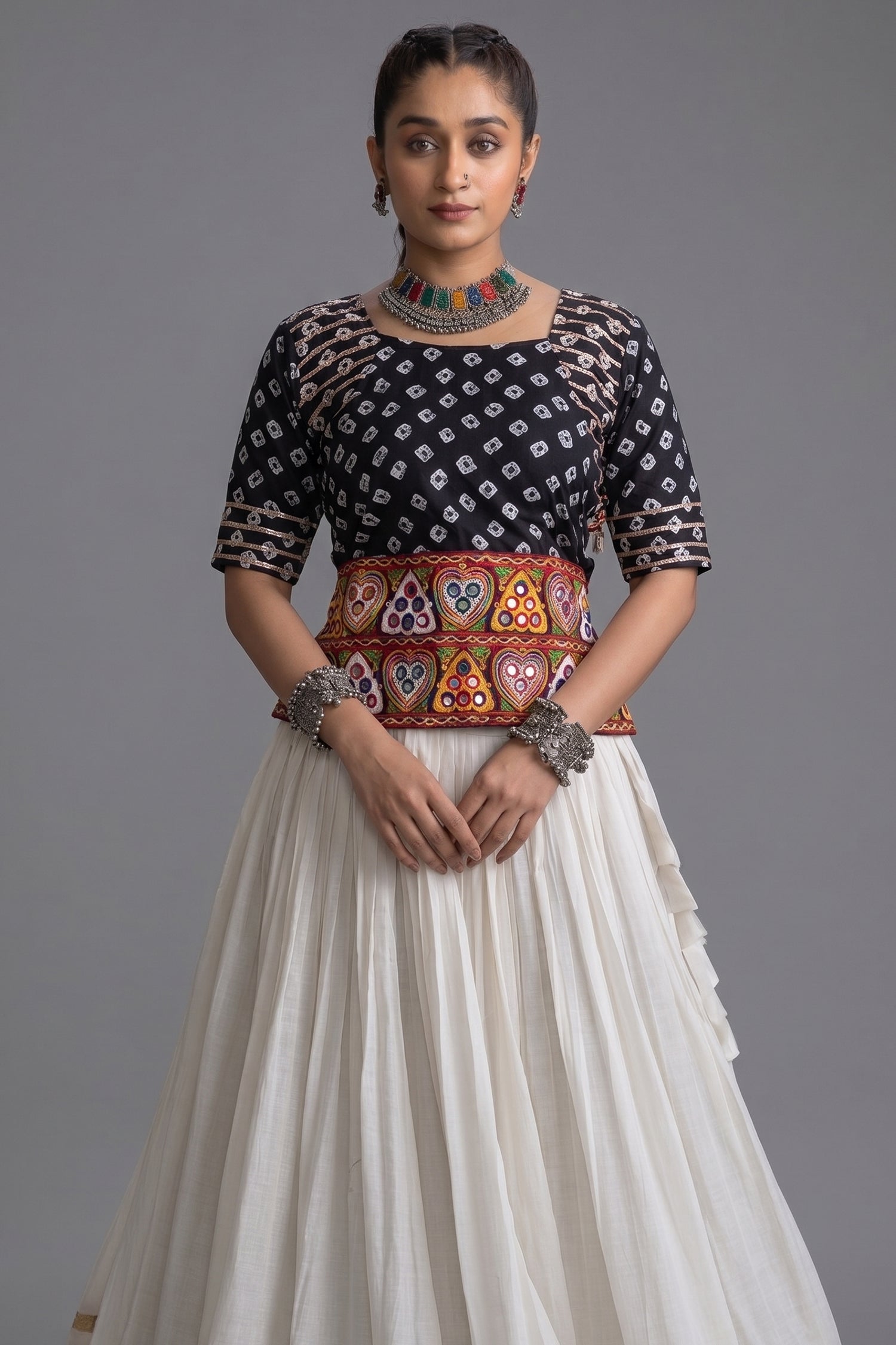 White Cotton Chaniya with Bandhej and Kachchi Worked Choli