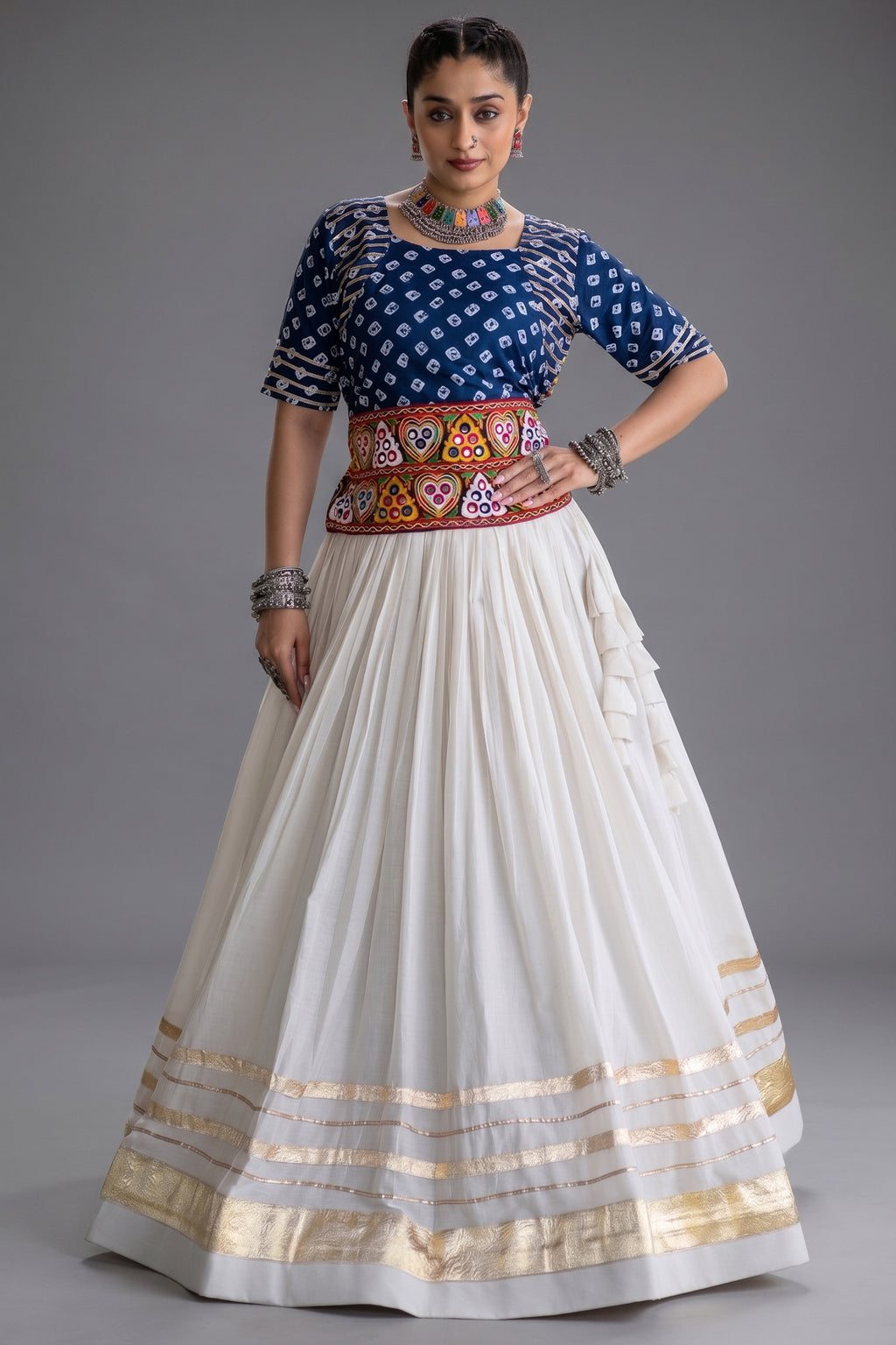White Cotton Chaniya with Bandhej and Kachchi Worked Choli