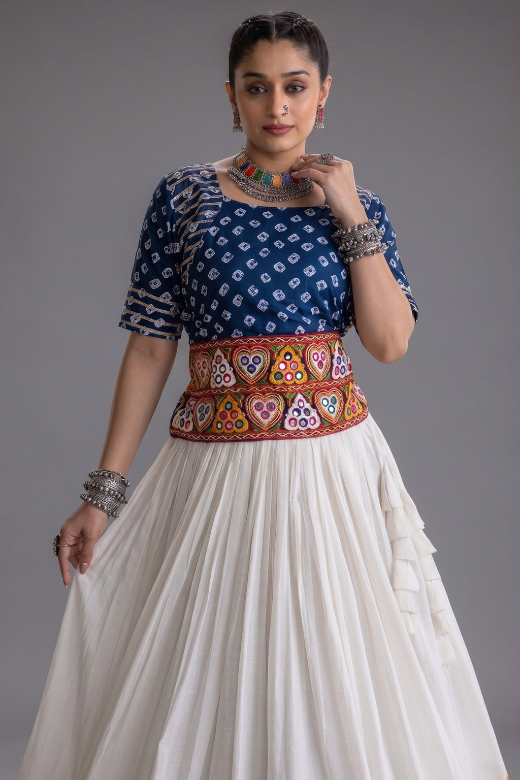 White Cotton Chaniya with Bandhej and Kachchi Worked Choli
