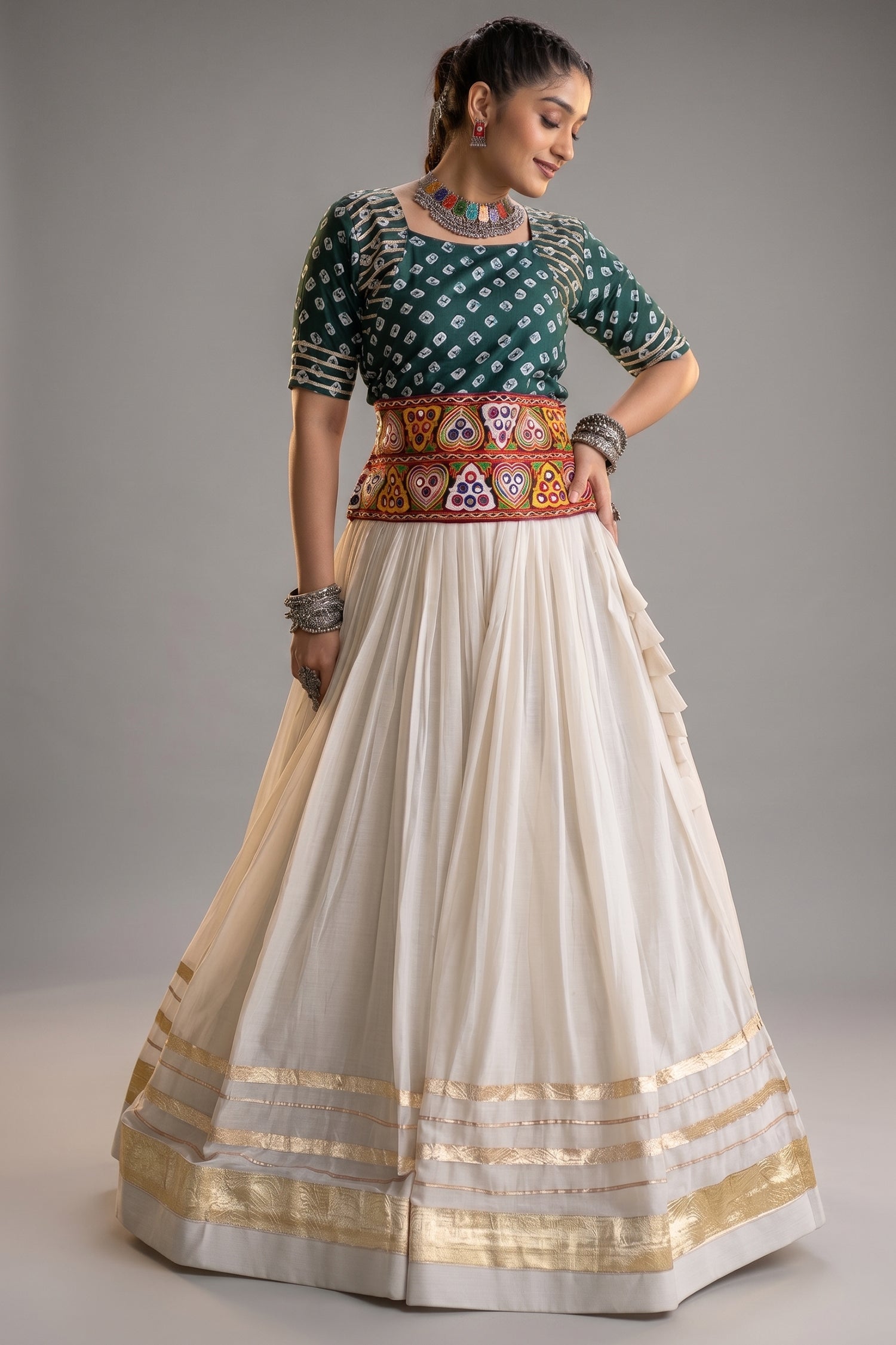 White Cotton Chaniya with Bandhej and Kachchi Worked Choli