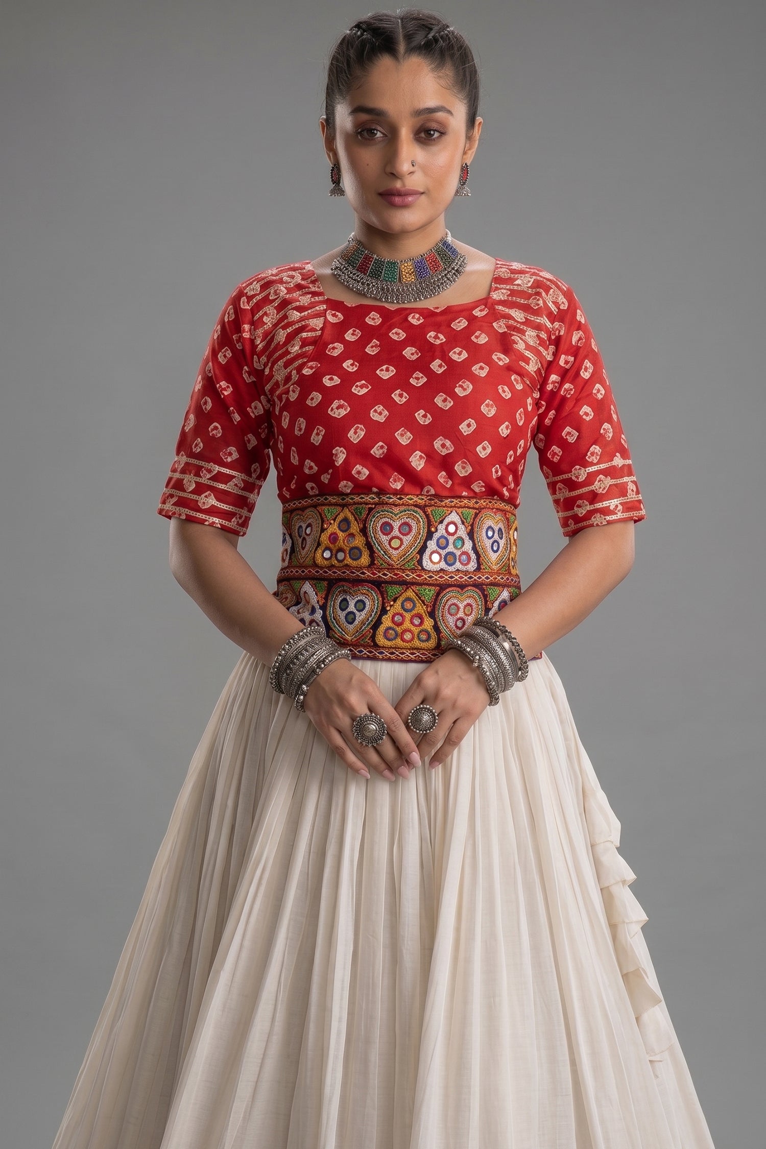 White Cotton Chaniya with Bandhej and Kachchi Worked Choli
