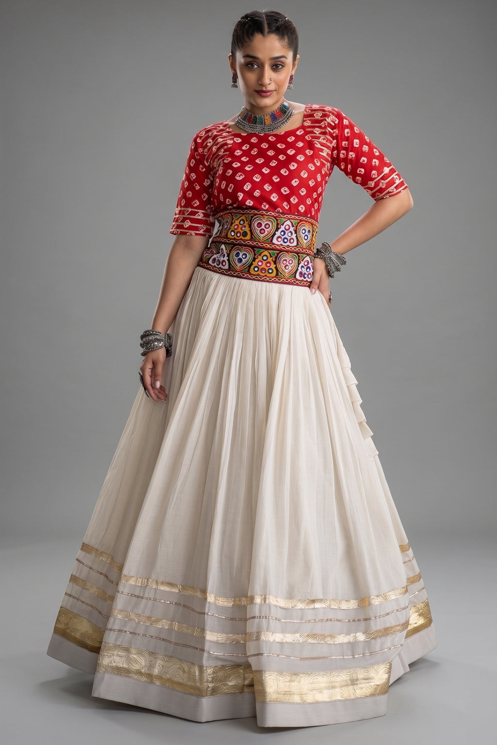 White Cotton Chaniya with Bandhej and Kachchi Worked Choli