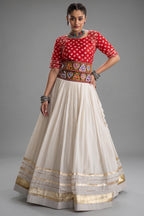 White Cotton Chaniya with Bandhej and Kachchi Worked Choli