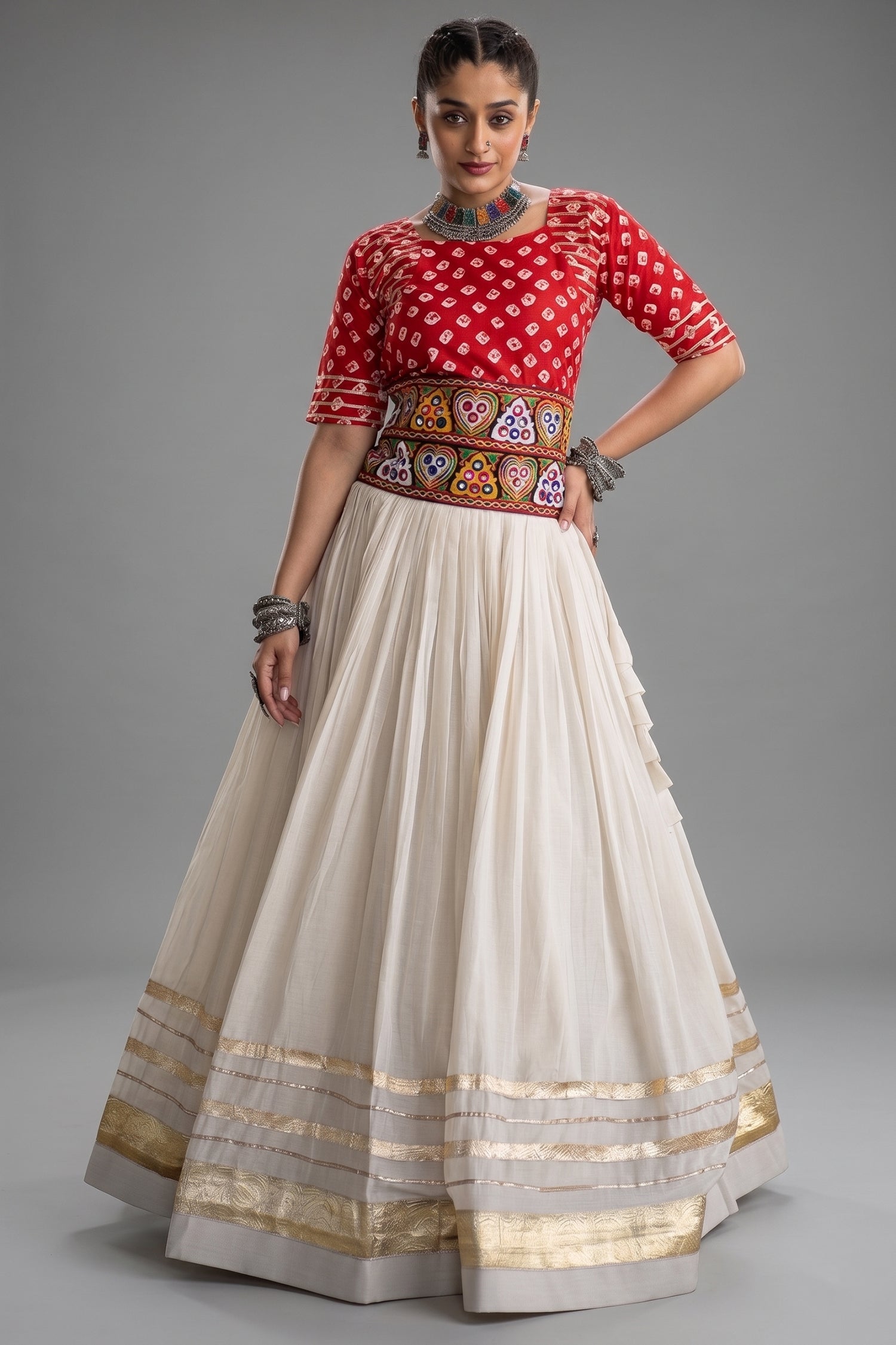 White Cotton Chaniya with Bandhej and Kachchi Worked Choli