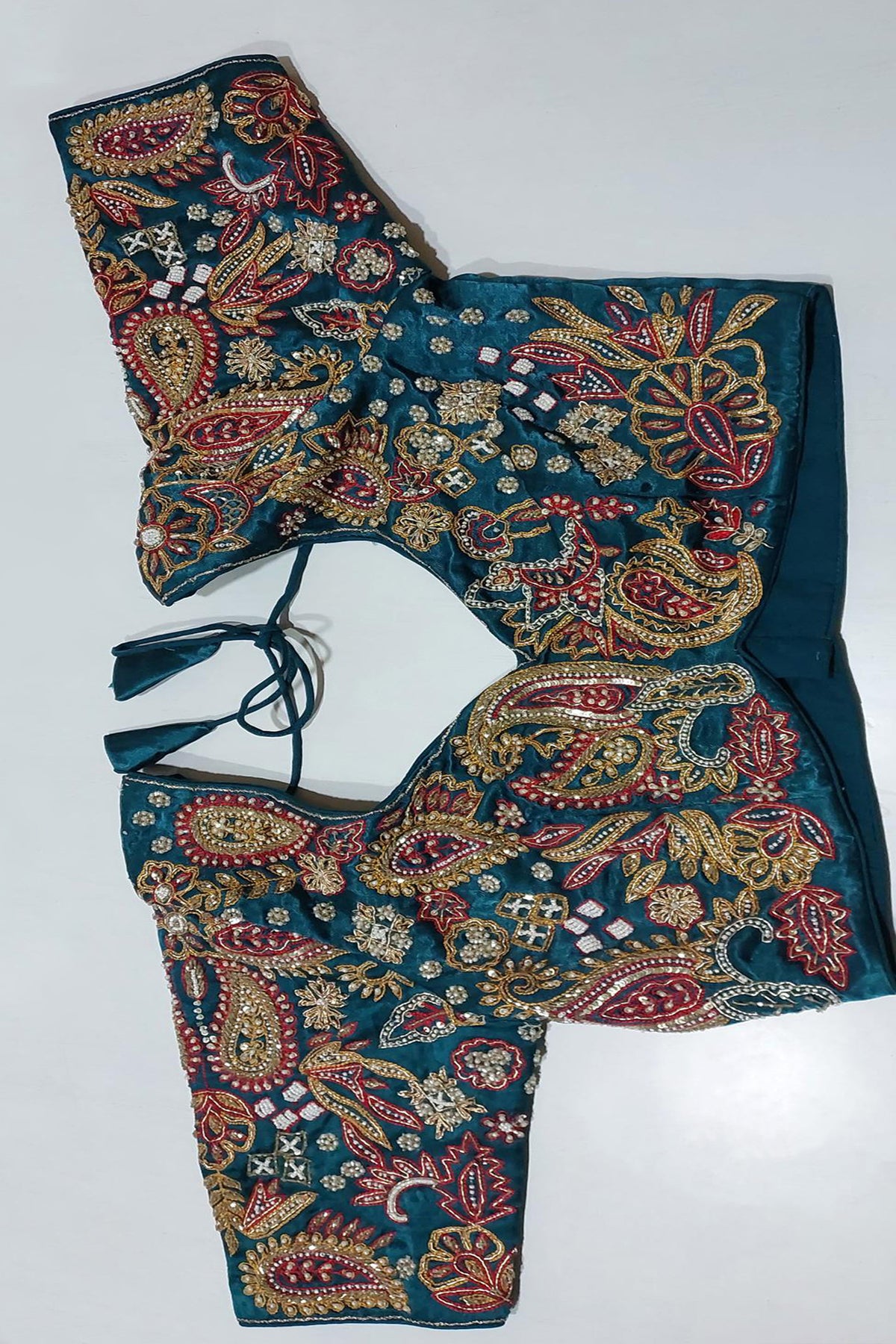 Teal Blue Gaji Silk Woven Saree with Handworked Readymade Blouse