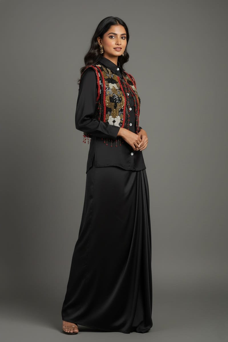 Black Satin Crepe Embellished Statement Shirt with Dhoti Skirt - black satin saree