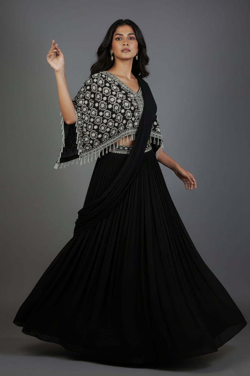 Black Chinon Silk Pre Drape Lehenga Saree with Sequin Cutdana Worked Poncho Cape - black silk saree
