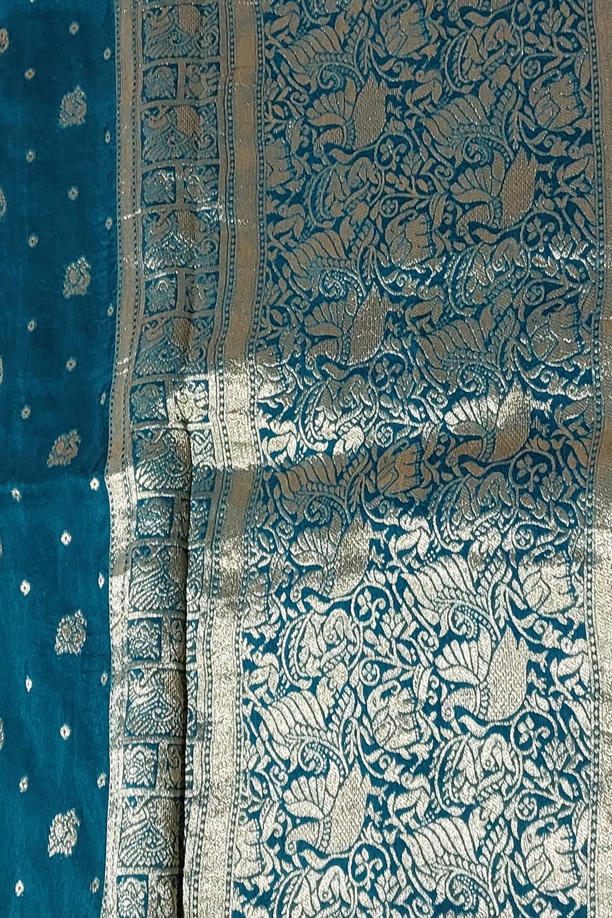 Teal Blue Gaji Silk Woven Saree with Handworked Readymade Blouse