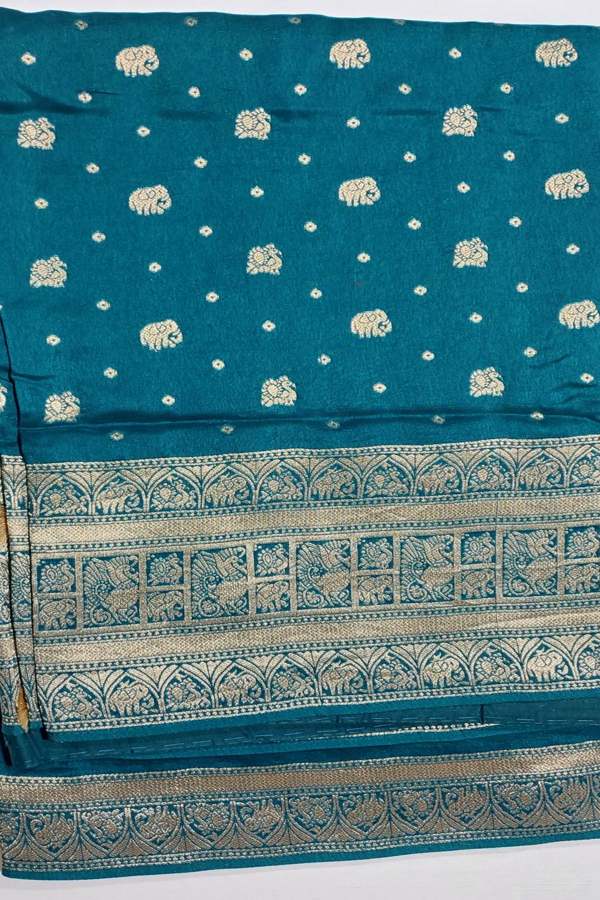 Teal Blue Gaji Silk Woven Saree with Handworked Readymade Blouse
