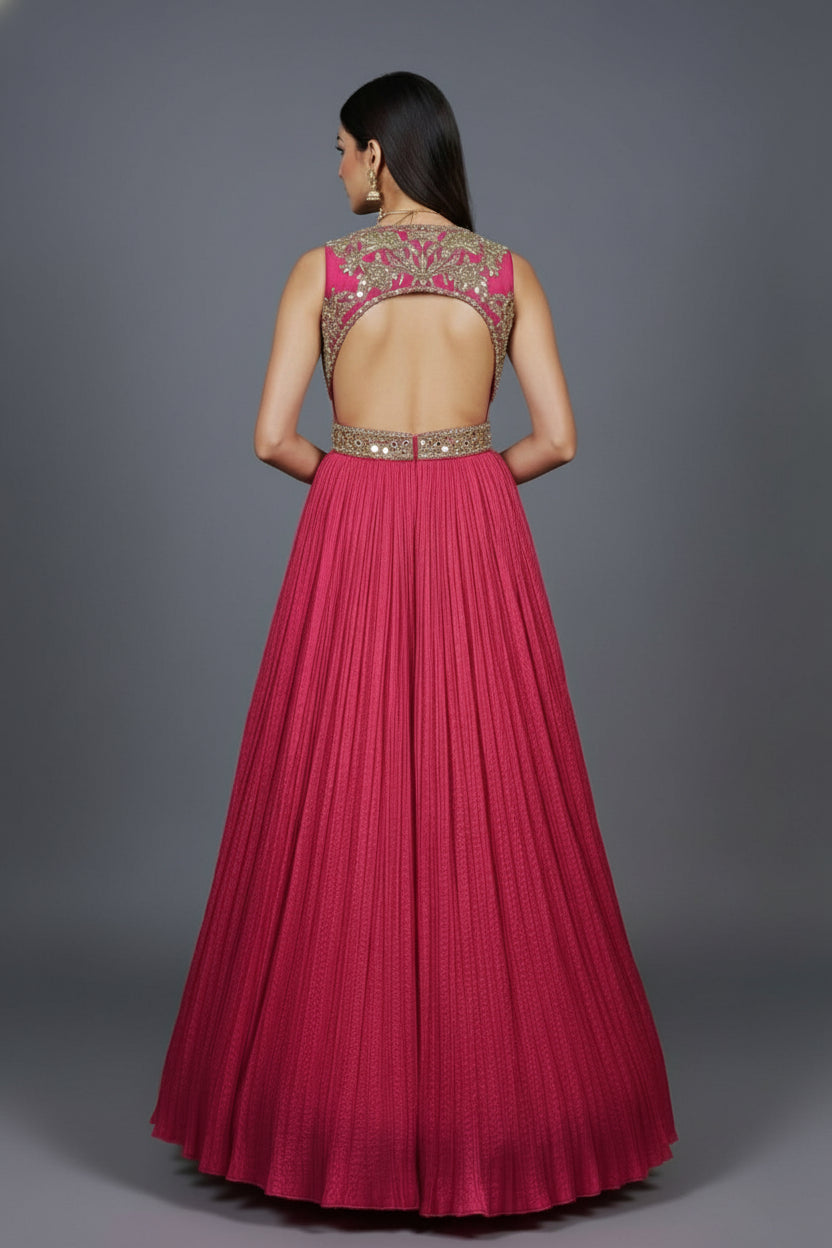 Pink Chinon Wraped Style Side Cutout Anarkali Suit with Sequin Mirror Work - pink saree