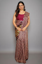 Deep Plum Purple Modal Silk Ajrakh Printed Saree with Applique and Gota Work - purple silk saree