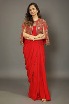 Red Crepe Silk Readymade Saree with Cape Jacket - red silk saree