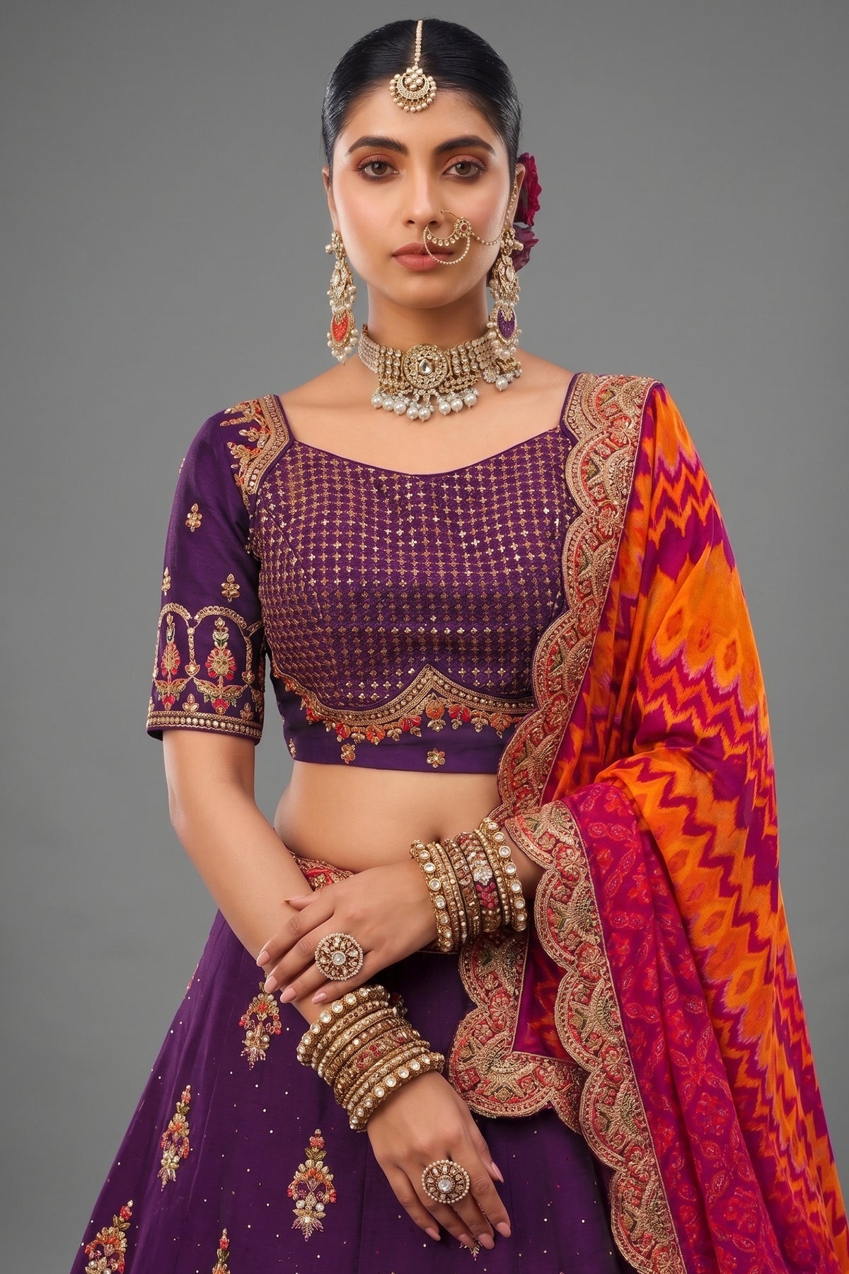 Purple Embroidered Butta Lehenga in Viscose with Elephant Motifs On Golden Border - red viscose saree embroidered