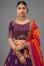 Purple Embroidered Butta Lehenga in Viscose with Elephant Motifs On Golden Border - red viscose saree embroidered