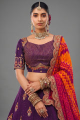 Purple Embroidered Butta Lehenga in Viscose with Elephant Motifs On Golden Border