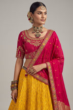 Mustard Woven Chevron Design Lehenga in Viscose with Elephant Motifs On Contrast Border